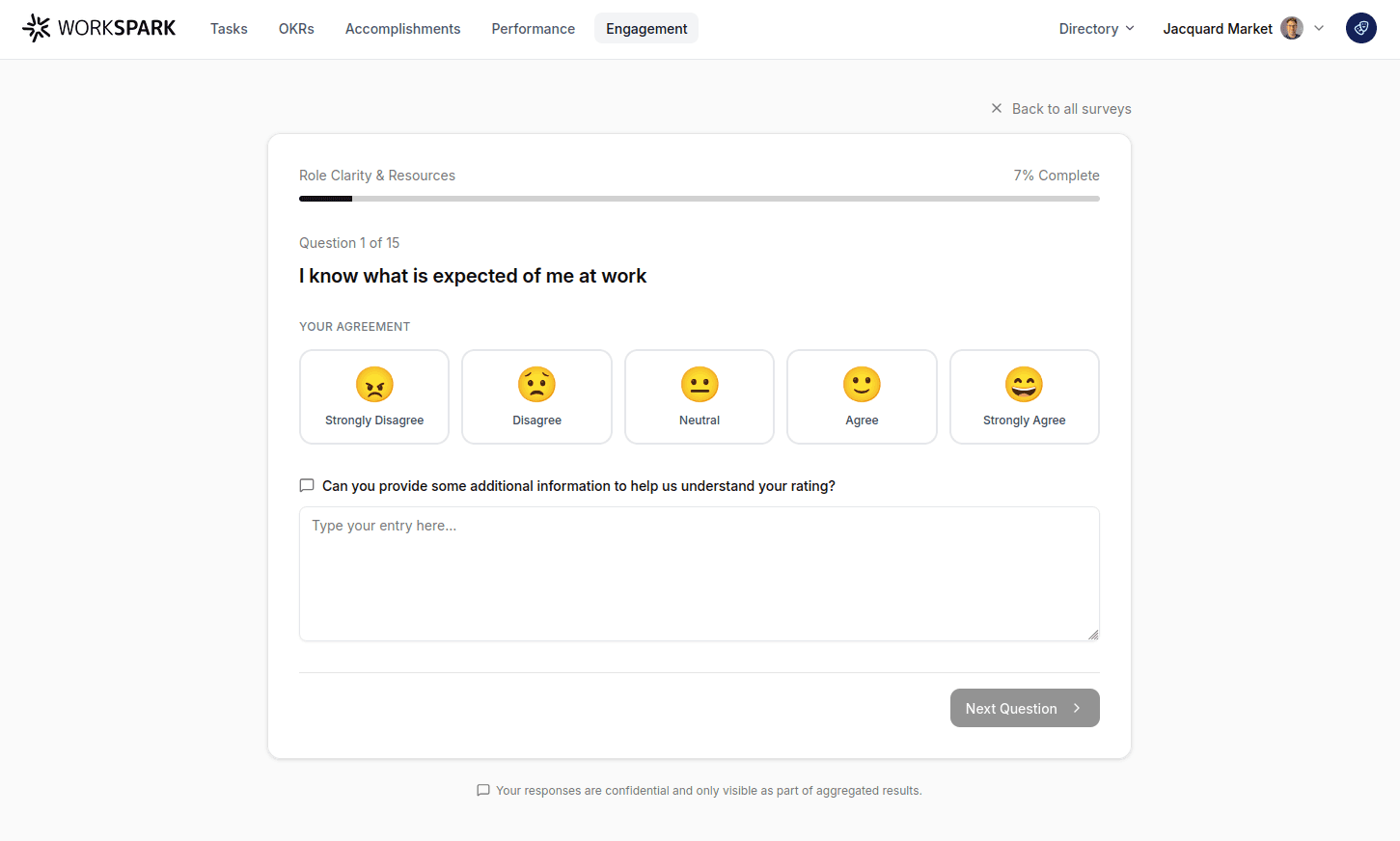 Workspark engagement survey form — employee view of the 15-question survey with Likert scale responses