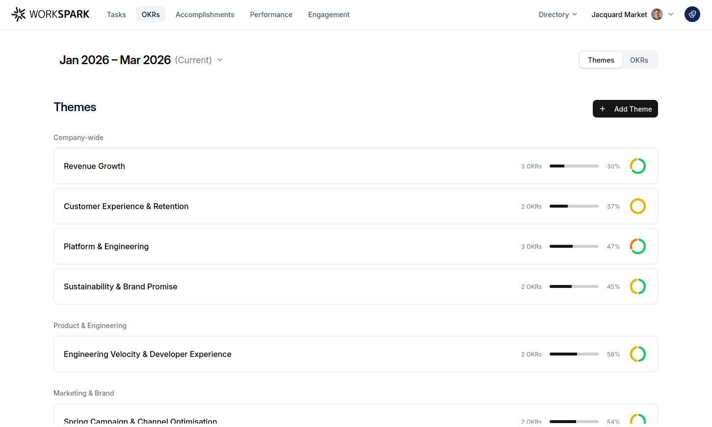 Workspark OKR themes view — list of themes with aligned OKR counts and aggregate progress