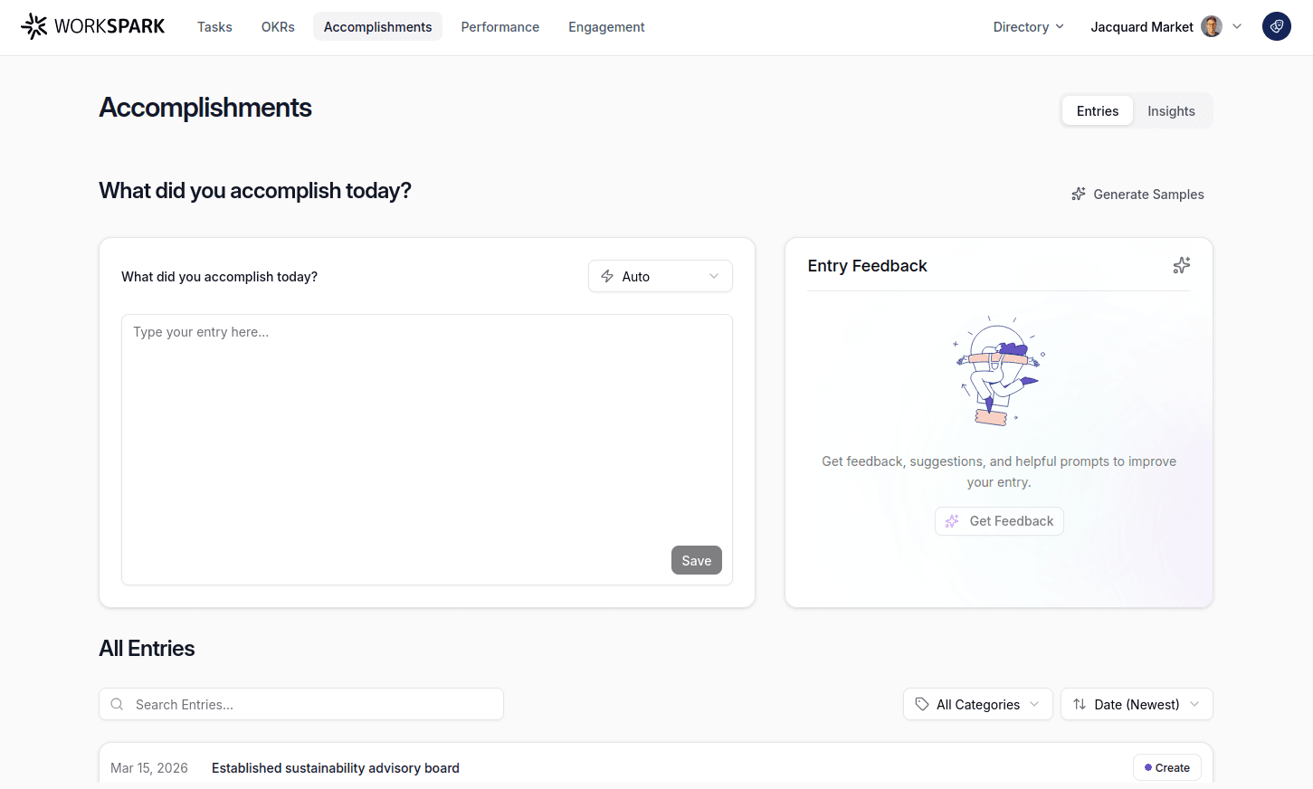 Workspark accomplishments home — full list of logged accomplishments with category filters and AI-generated titles