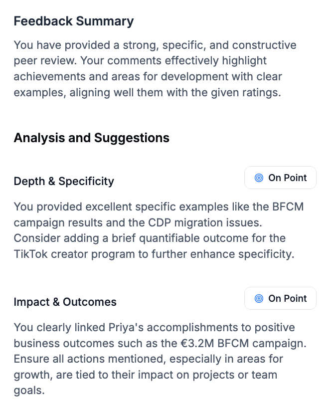 Workspark review editor — AI quality suggestions panel scoring review content against six criteria and offering specific improvements