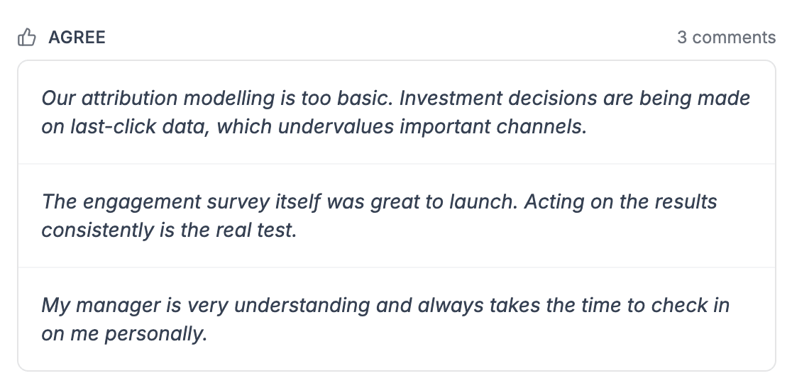 Workspark engagement survey comments view showing anonymized open text responses grouped by question