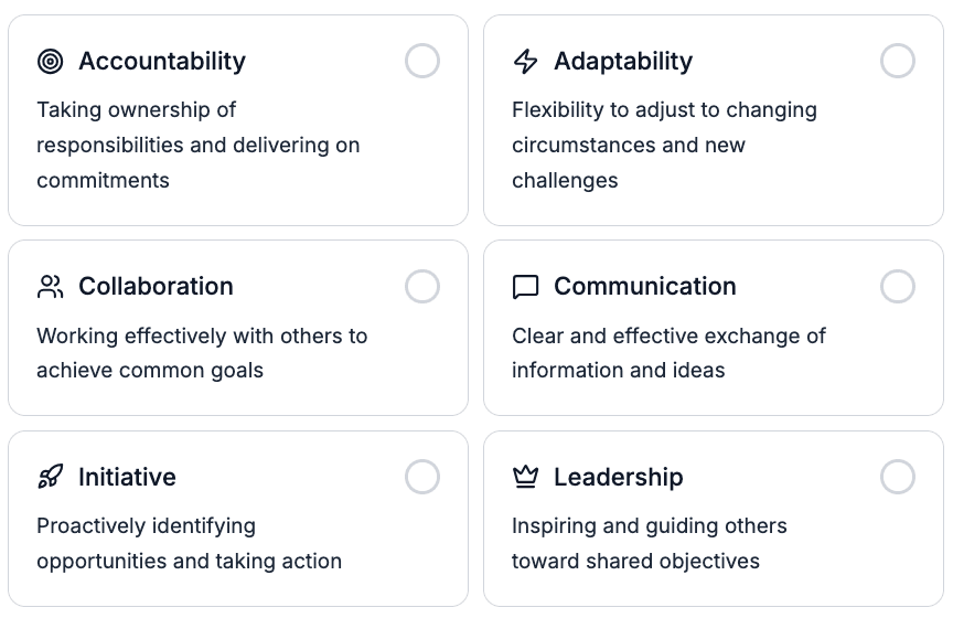 Workspark review — core competencies being tagged as strengths or growth areas during review writing