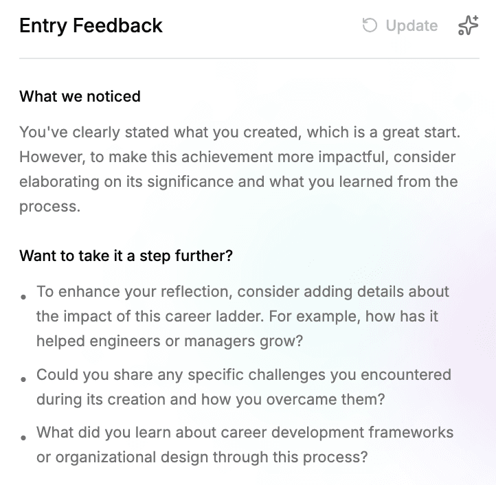 Workspark accomplishment editor with AI feedback rating entry quality and suggesting specific improvements