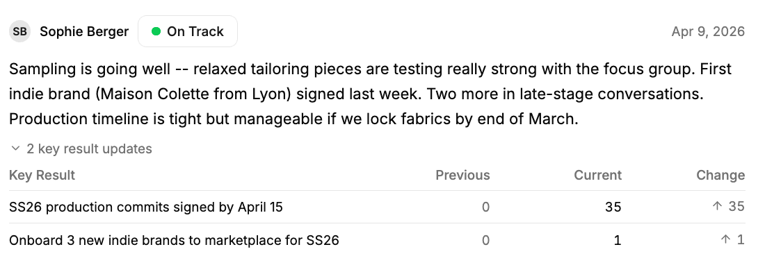 Workspark OKR check-in showing updated key result values, a confidence signal set to On Track, and a written comment from the owner