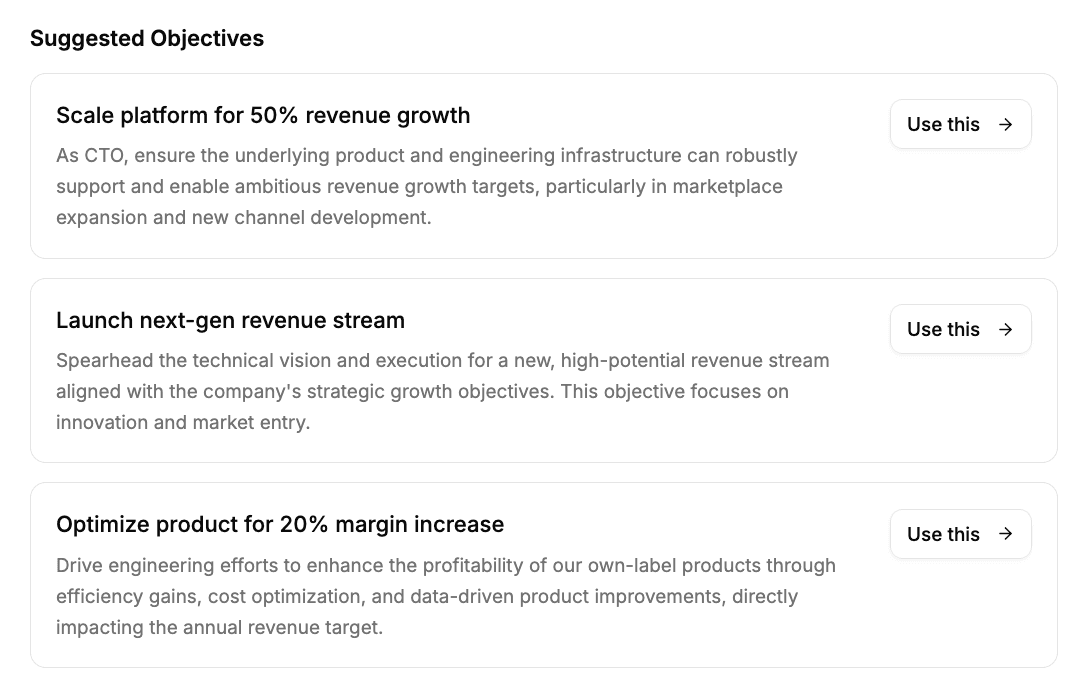 Workspark OKR editor with AI suggestions for objectives and key results