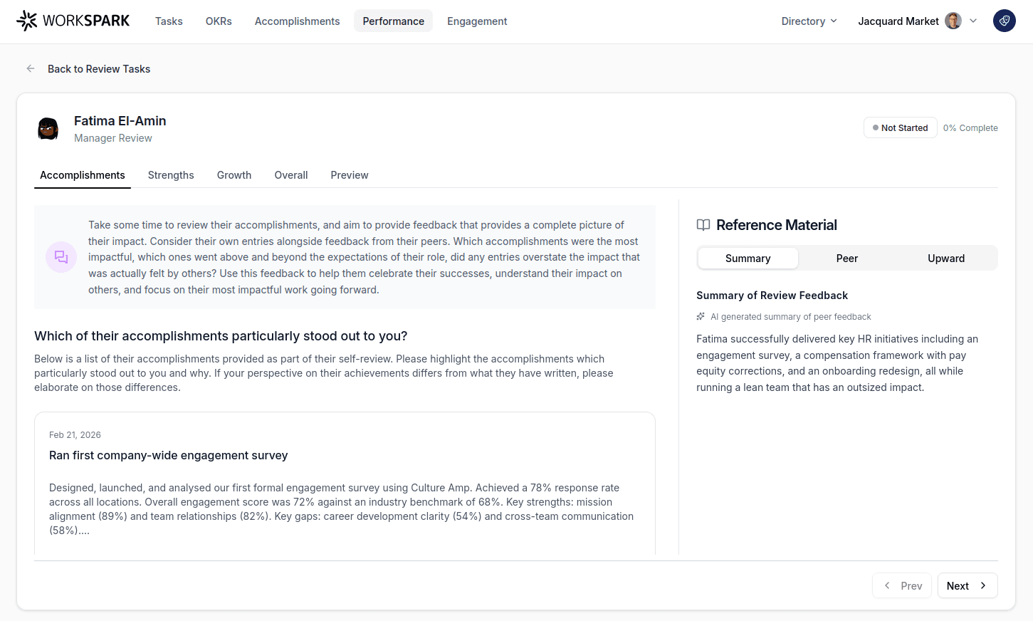 Workspark manager review — accomplishments tab showing the reviewee's logged work during the review period