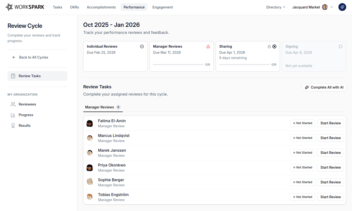 Workspark review tasks inbox — list of pending self-reviews, peer reviews, and manager evaluations